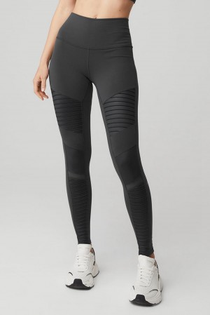 Anthracite / Anthracite Glossy Women Alo Yoga High-Waist Motos Legging | Australia 72053-BNYX