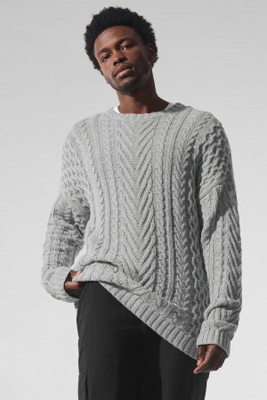 Athletic Heather Grey Men Alo Yoga Cable Knit Crew Neck Sweater | Australia 83910-XIVP