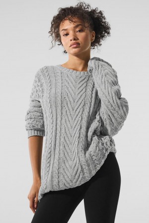 Athletic Heather Grey Women Alo Yoga Cable Knit Crew Neck Sweater | Australia 36845-BDQK