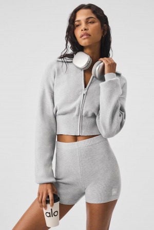 Athletic Heather Grey Women Alo Yoga Scholar Knit Cropped Full Zip Jacket | Australia 05137-JQTA