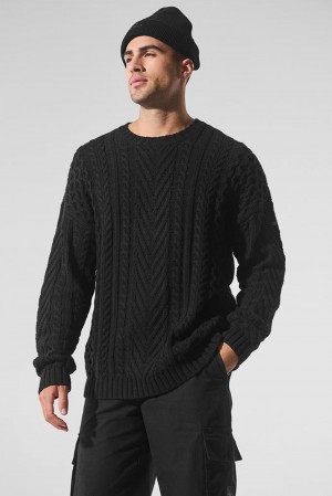 Black Men Alo Yoga Cable Knit Crew Neck Sweater | Australia 71302-ZAQV
