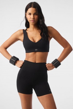 Black Women Alo Yoga Airlift Ribbed Jump Start V-Neck Bra | Australia 09361-ZYDJ
