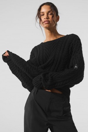 Black Women Alo Yoga Cable Knit Crew Neck Sweater | Australia 74089-SNGO