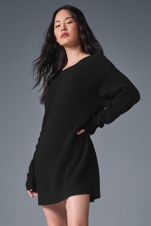 Black Women Alo Yoga Cashmere Plush Waffle Dress | Australia 15968-UYGR