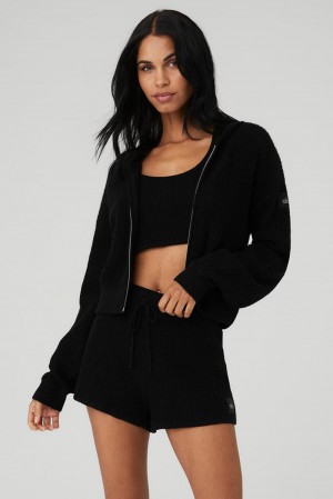 Black Women Alo Yoga Cashmere Plush Waffle Full Zip Hoodie | Australia 43165-ENZD