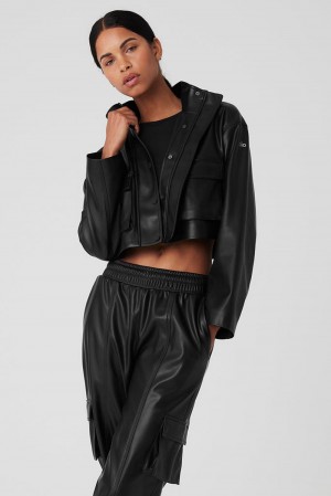 Black Women Alo Yoga Faux Leather Power Hour Jacket | Australia 81432-OGAM