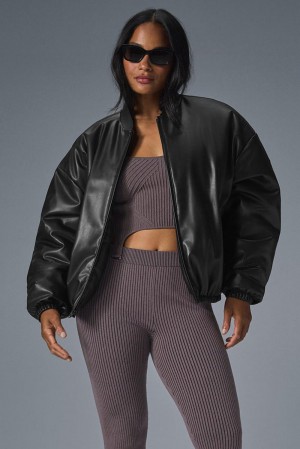 Black Women Alo Yoga Faux Leather Premier Bomber Jacket | Australia 63428-FNAH