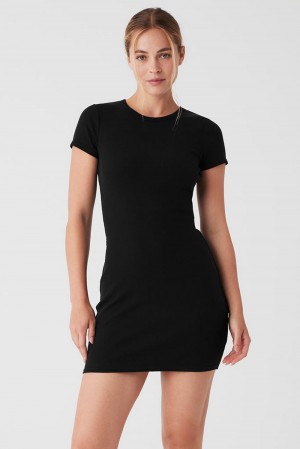 Black Women Alo Yoga Goddess Ribbed Short Sleeve Dress | Australia 57493-GXME