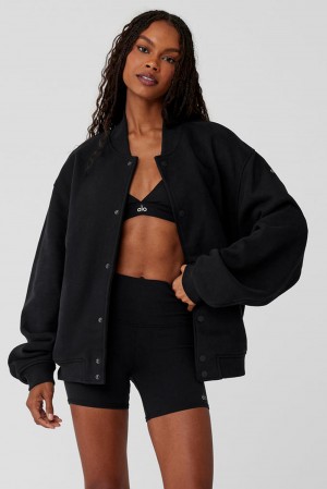 Black Women Alo Yoga Renown Varsity Jacket | Australia 86724-OUHN