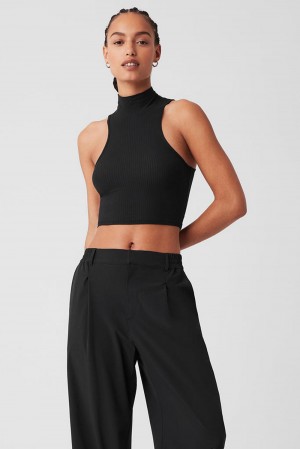 Black Women Alo Yoga Ribbed Sea Coast Cropped Turtleneck Tank | Australia 45160-XNFZ