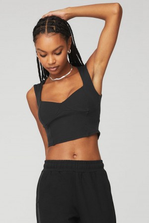 Black Women Alo Yoga Ribbed Sweetheart Short Sleeve | Australia 10379-RYEO