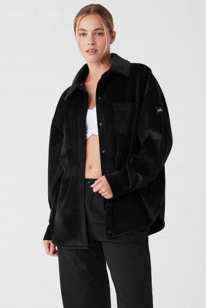 Black Women Alo Yoga Ribbed Velour Mountain Side Shacket Jacket | Australia 34865-DMSH