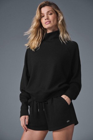 Black Women Alo Yoga Waffle Weekend Escape Mock Neck Long Sleeve | Australia 24581-BERZ