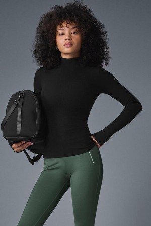 Black Women Alo Yoga Wellness Rib Mock Neck Long Sleeve | Australia 79560-CTDZ