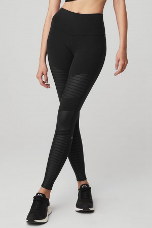 Black / Black Glossy Women Alo Yoga High-Waist Motos Legging | Australia 93502-IOWQ
