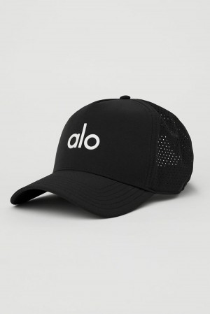 Black / White Women Alo Yoga Performance District Trucker Hat | Australia 21504-TPYC