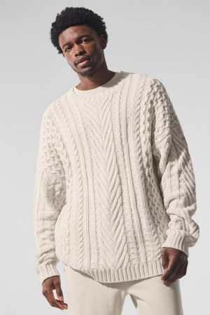 Bone Men Alo Yoga Cable Knit Crew Neck Sweater | Australia 12860-BSUA