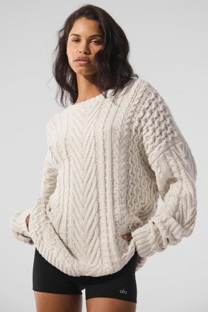 Bone Women Alo Yoga Cable Knit Crew Neck Sweater | Australia 60254-IANK