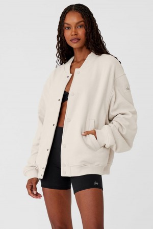 Bone Women Alo Yoga Renown Varsity Jacket | Australia 59126-BLPV