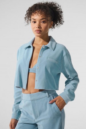 Celestial Blue Women Alo Yoga Micro Corduroy Dreamer Button Down Cropped Tops | Australia 74320-EGCA