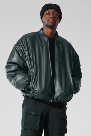 Charcoal Green Men Alo Yoga Faux Leather Premier Bomber Jacket | Australia 84563-ZWLM
