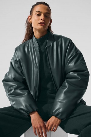 Charcoal Green Women Alo Yoga Faux Leather Premier Bomber Jacket | Australia 83540-AFLB