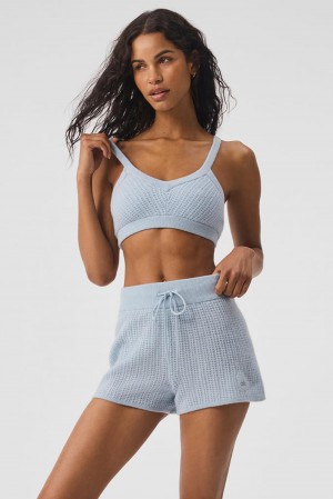 Crystal Blue Women Alo Yoga Cashmere Plush Waffle V-Neck Bra | Australia 64750-FLJN