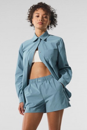 Dark Celestial Blue / White Women Alo Yoga Pinstripe Daylight Button Down Long Sleeve | Australia 10723-LSKE