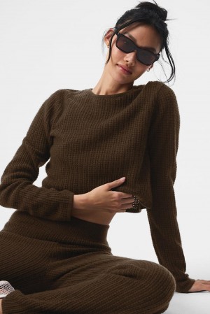 Espresso Women Alo Yoga Cashmere Plush Waffle Cropped Long Sleeve | Australia 54982-NHQS