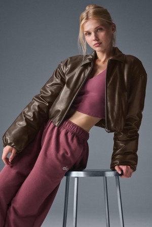 Espresso Women Alo Yoga Faux Leather Cropped Premier Bomber Jacket | Australia 93268-QROJ