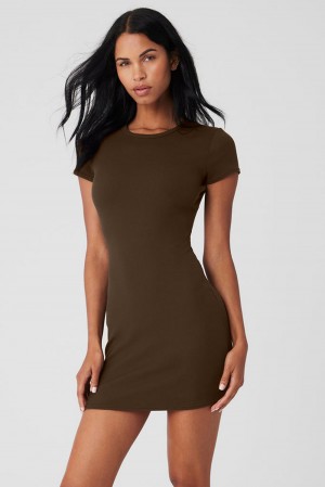 Espresso Women Alo Yoga Goddess Ribbed Short Sleeve Dress | Australia 94253-WRFJ