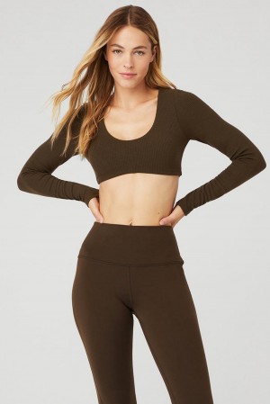 Espresso Women Alo Yoga Ribbed Defined Long Sleeve Bra | Australia 32079-NLBX