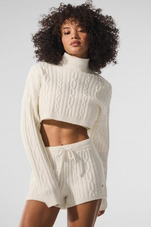 Ivory Women Alo Yoga Cable Knit Cropped Winter Bliss Turtleneck Long Sleeve | Australia 40976-TSJX