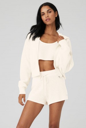 Ivory Women Alo Yoga Cashmere Plush Waffle Full Zip Hoodie | Australia 54978-MSXA