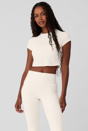 Ivory Women Alo Yoga Ribbed Sea Coast Cropped Sleeve Tee | Australia 79453-PIDJ