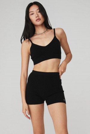 Jet Black Women Alo Yoga Cashmere Ribbed Staycation Bra | Australia 96304-DNKW
