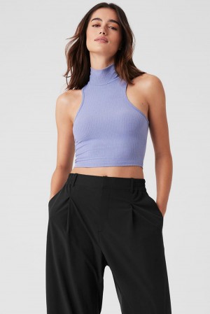 Lilac Blue Women Alo Yoga Ribbed Sea Coast Cropped Turtleneck Tank | Australia 89564-QUBL