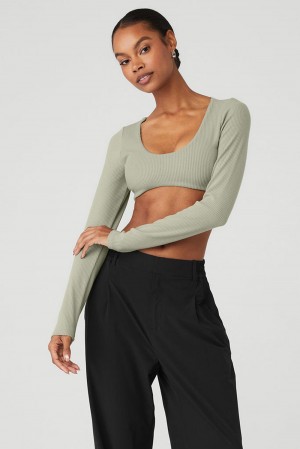 Limestone Women Alo Yoga Ribbed Defined Long Sleeve Bra | Australia 10958-PVIJ