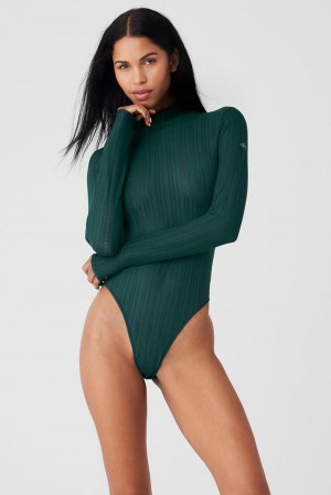 Midnight Green Women Alo Yoga Euphoria Long Sleeve Bodysuit | Australia 82693-QUVF