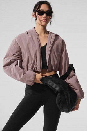 Mushroom Women Alo Yoga Cropped Mountain Peak Full-Zip Hoodie | Australia 19582-HTJU