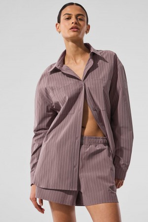 Mushroom / Ivory Women Alo Yoga Pinstripe Daylight Button Down Long Sleeve | Australia 69852-ANET