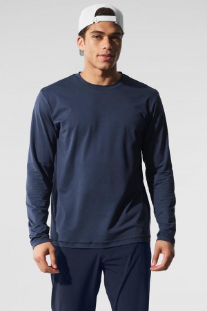 Navy Men Alo Yoga Conquer Reform Crewneck Long Sleeve | Australia 09273-NGEF