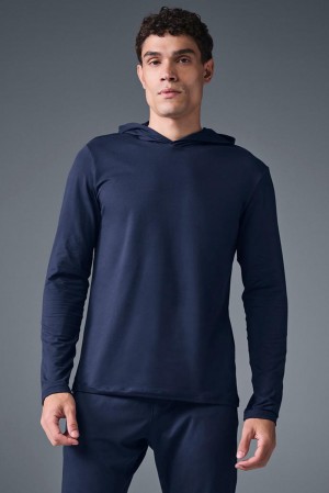 Navy Men Alo Yoga Conquer Reform With Hood Long Sleeve | Australia 16230-LGSF