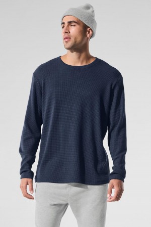 Navy Men Alo Yoga Elevate Waffle Crew Long Sleeve | Australia 05617-TVEF
