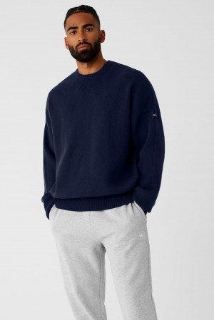 Navy Men Alo Yoga Scholar Crew Neck Sweater | Australia 09164-TPNL