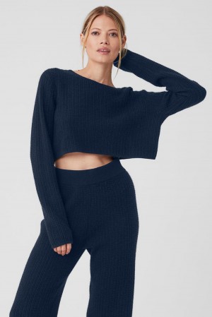 Navy Women Alo Yoga Cashmere Plush Waffle Cropped Long Sleeve | Australia 27813-CLUM