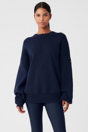 Navy Women Alo Yoga Scholar Crew Neck Sweater | Australia 64307-EXBR