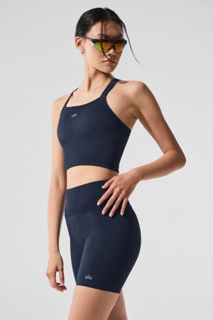 Navy Women Alo Yoga Seamless Ribbed Favorite Bra Tank | Australia 14380-JMOU