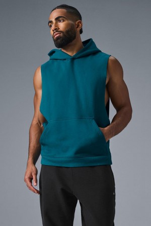 Oceanic Teal Men Alo Yoga Renown Sleeveless Hoodie | Australia 01739-WPSG