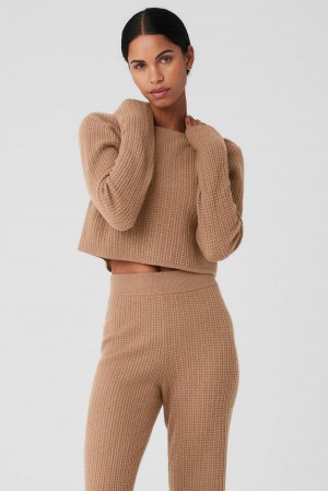 Toasted Almond Women Alo Yoga Cashmere Plush Waffle Cropped Long Sleeve | Australia 84079-OSUJ